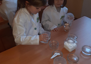 Zosia i Julia umieszczają jajko w szklance ze słodką wodą.