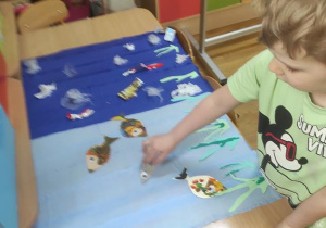Dzieci wykonały kolorowe rybki a następnie umieszczały je w czystej części wyklejonego jeziora