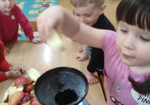 Dzieci wykonują sok marchewkowo- jabłkowy. Marysia wkłada do wyciskarki jabłko.