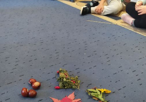 Dzieci ogladają przyniesione dary jesieni