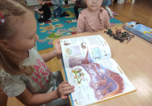 Dziewczynki oglądają książki o dinozaurach.