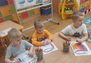 Dzieci kolorują garnek a następnie wycinają i naklejają symbole pogody.