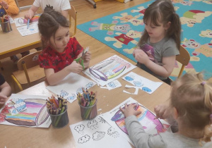 Dzieci kolorują garnek a następnie wycinają i naklejają symbole pogody.