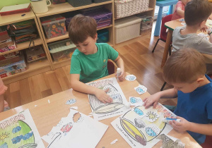 Dzieci kolorują garnek, a następnie wycinają i naklejają symbole pogody.