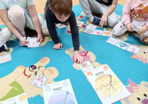 Zabawa dydaktyczna "Cztery pory roku". Dzieci dopasowują obrazki do odpowiedniej pory roku.