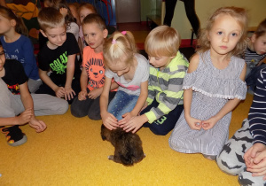Dzieci z grupy "Żabki" witają się ze szczeniaczkiem
