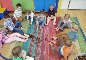 Dzieci przeliczają kasztany używając stóp