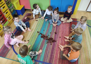 Dzieci przeliczają kasztany używając stóp