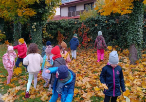 Dzieci zbierają liście.