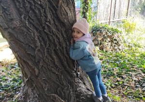 Anielka przytula się do drzewa
