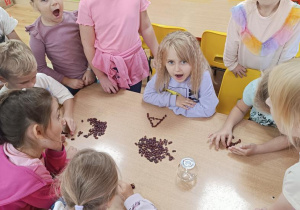 Dzieci układają z fasoli literę a.