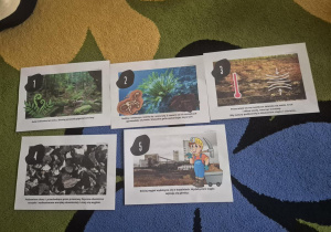 Dzieci oglądały historyjkę obrazkową o powstaniu węgla.