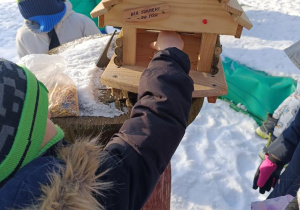 Dzieci dokarmiają ptaki.