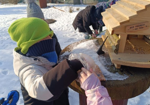 Dzieci dokarmiają ptaki.