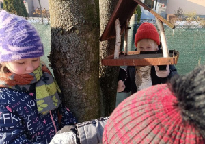 Dzieci dokarmiają ptaki.