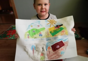 Szymon wykonał plakat "Jak wygląda pole wiosną, latem, jesienią i zimą?"