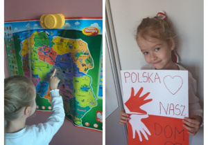 Kaja pokazuje Kutno na mapie Polski oraz prezentuje wykonana flagę.